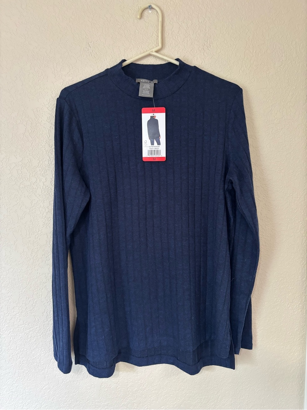 Matty M Mock Neck Ribbed Knit Tunic Top Long Sleeve Blue Women’s size M - NWT